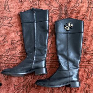 Tory Burch Black Leather Knee-High Riding Boots with Gold Logo